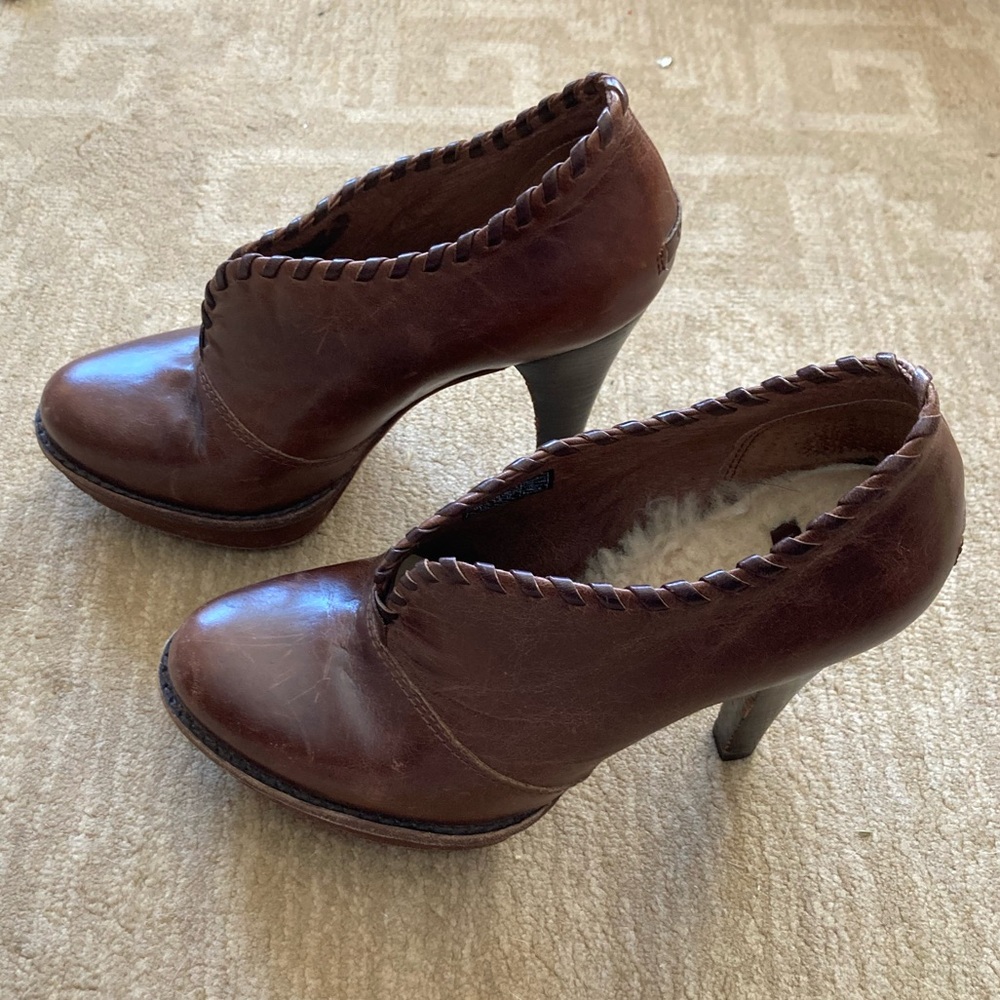 UGG Women Size 8 Jamison Brown Leather 5” Platform Heels-All Leather w/Sheep Fur